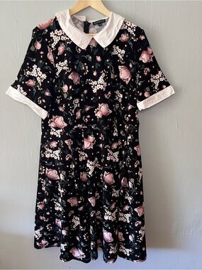 Floral Peter Pan Collar Fit & Flare Dress Black Pink Cottagecore Retro